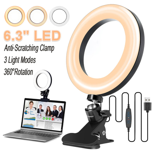 6.3" LED  Ring Light with 3 Light Modes and Stepless Adjustable (USB and Clip)