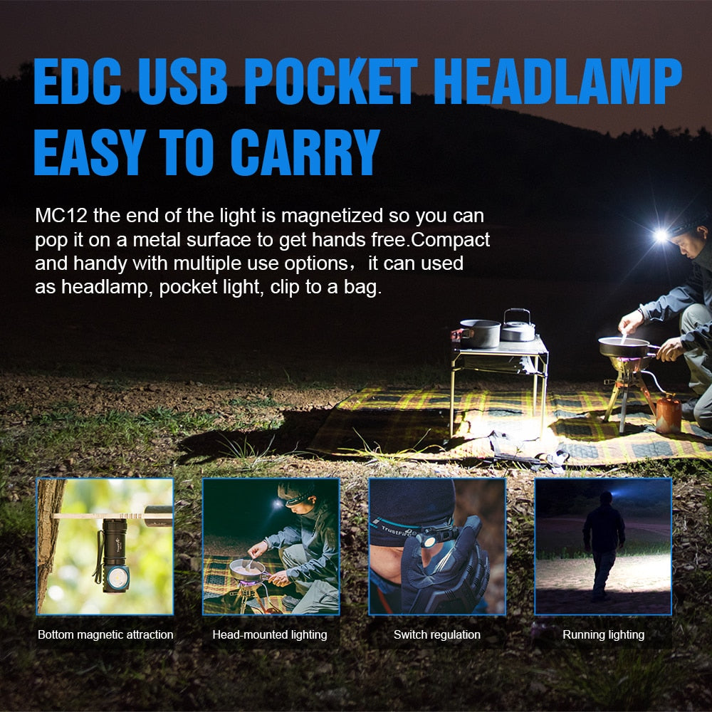 TrustFire MC12 EDC Powerful LED Flashlight 1000Lumens Magnetic Rechargeable Head Lamp CREE XP-L