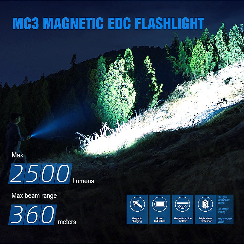 TrustFire MC3 EDC LED Flashlight 2500 Lm Magnetic USB Rechargeable CREE XHP50